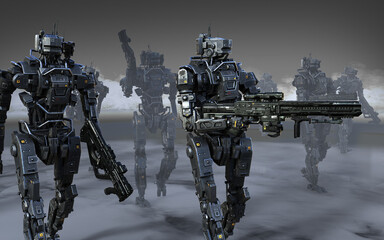 3d Illustration of a group cyborgs mission. Invasion of military robots warfare.