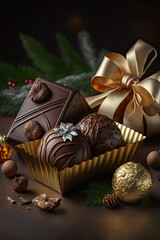 Fototapeta na wymiar Delicious luxurious fine chocolate in different shapes inside a beautiful golden tall plate on a wooden table beside christmas decorations