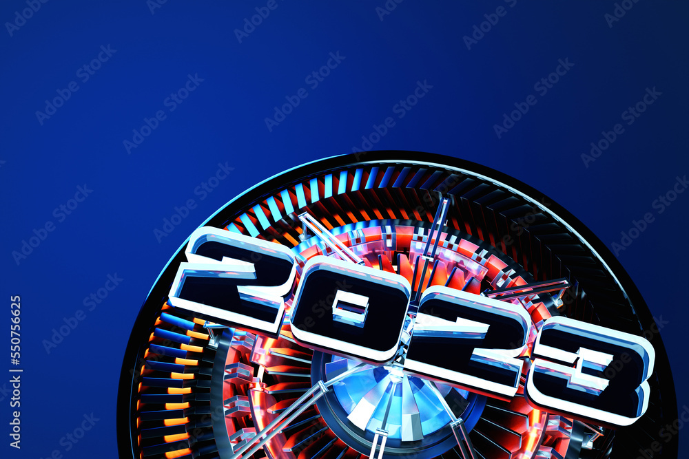 Poster 3d illustration futuristic tech postcard with the year 2023 on the background of a metallic spaceshi