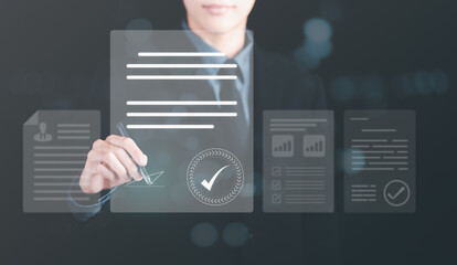 Businessman checking and managing documents online,agreements document with signature and approval...