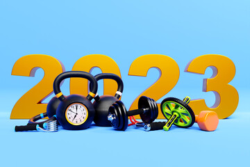 Obraz na płótnie Canvas 3d illustration of design happy new year 2023 and sports equipment. Sports equipment: kettlebell, dumbbell, elastic band for sports, gymnastic roller for the press. Sport happy new year banner