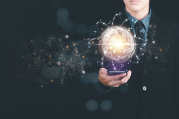 a man and virtual icon,modern cyberspace network technology concept,to communicate and connect...