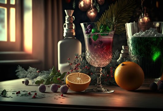 Colorful christmas beverages made with fresh oranges and fruit, beside a window irradiating sunlight