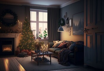 Very cozy living room interior with a fireplace and a beautiful christmas tree with decorations