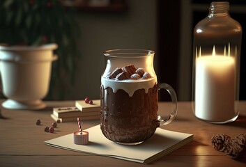 Obraz na płótnie Canvas Gourmet cut of hot cocoa with nuts beside a beautiful candle on a wooden table