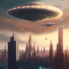Naklejka na ściany i meble Space alien ship UFO over the city. Conceptual image of ufology. modern digital art 3d illustration wallpaper.