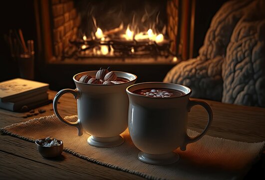 Delicious cups of hot chocolate with nuts in a wooden table in front of a beautiful calid chimney