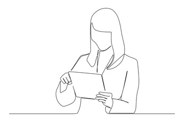 continuous line drawing of smiling businesswoman with the tablet