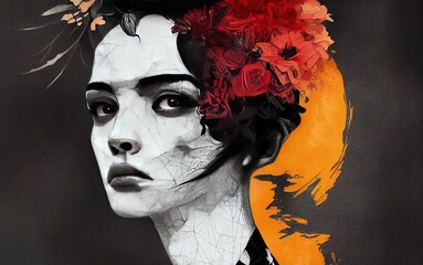 Fototapeta premium Abstract contemporary art collage portrait of young woman with animal. Digital art style, illustration painting.