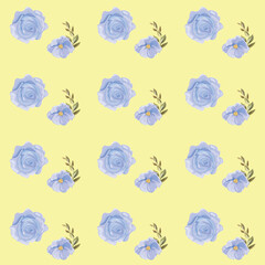Flowers painted in watercolor on yellow background seamless pattern, cloth, shirt, paper, floral vector pattern