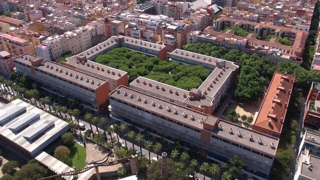 Barcelona, Spain. Drone Aerial View of Plaza de Pompeu Gener Square and Garden in Barceloneta Neighborhood