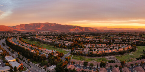Houses surrounding a golf course in Eastlake Chula Vista, drone shot.