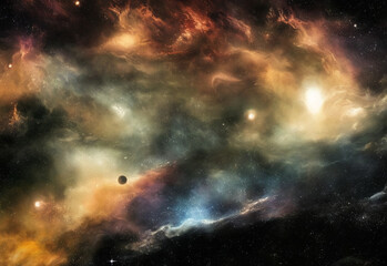 Naklejka premium Detailed landscape painting of galactic outer space featuring stars, comets, moons, planets, and nebula gas. Digital painting.