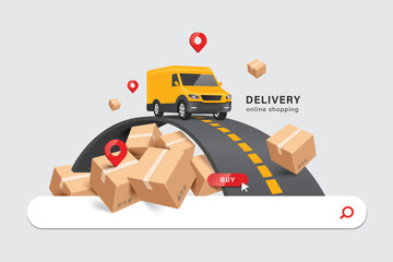 Yellow delivery van is parked on the road and below are stacked parcel boxes or cardboard