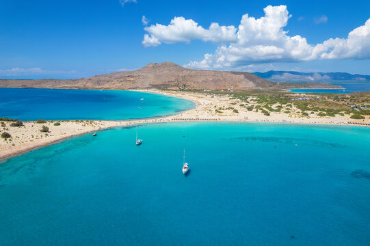 Aerial view of Simos beach in Elafonisos. Located in south Peloponnese elafonisos is a small island very famous for the paradise sandy beaches and the turquoise waters