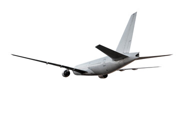 White wide body passenger airplane flies isolated on transparent background