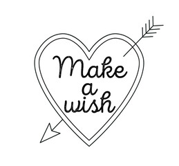 Make wish icon. Arrow with heart, metaphor for imagination and fantasy, positivity and optimism. Hippie era and back to 80s and 90s. Poster or banner for website. Cartoon flat vector illustration