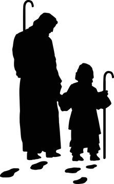 Jesus Shepherd Walking with kid svg, vector, black and white, background, silhouette