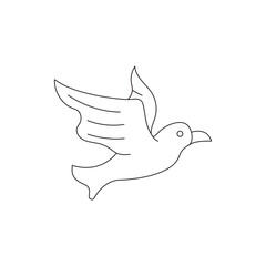 Vector cute black and white flying dove with spread wings isolated on white background. Romantic outline bird illustration. Love and piece contour concept or Valentine’s day character for kids.