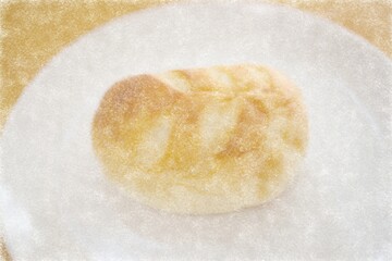 Bread roll on white plate. Hand drawn sketch. 