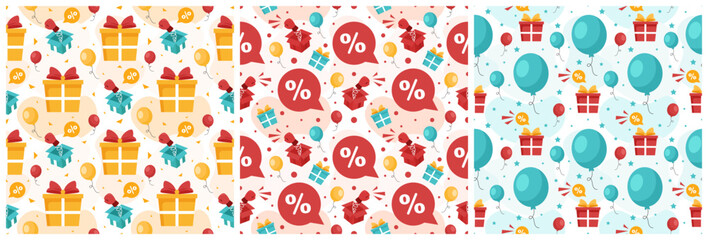 Set of Boxing Day Sale Seamless Pattern Design with Glove and Gift Box for Promotion or Shopping on Template Hand Drawn Cartoon Flat Illustration