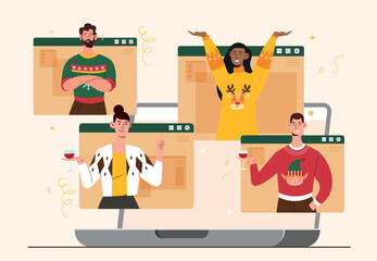Celebrating Christmas online. Men and women communicate in social networks, video conference. Holiday and festival, traditions. Event and entertainment, party. Cartoon flat vector illustration