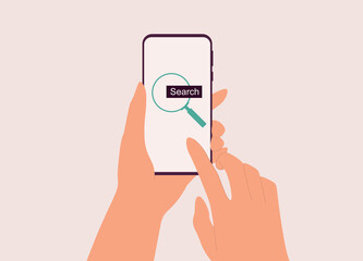 A Person’s Hand Searching With Mobile Phone. Close-Up. Flat Design Style, Character, Cartoon.