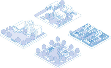 建物の立体的なイラスト. 街並みの景観. 線画のイラスト.