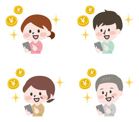 スマホでお小遣い稼ぎをする人物セット