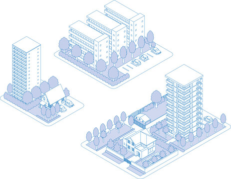 isometric blue buildings and houses clip art preview