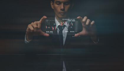 Currency exchange, money transfer, FinTech financial technology, World economy report. Man using...