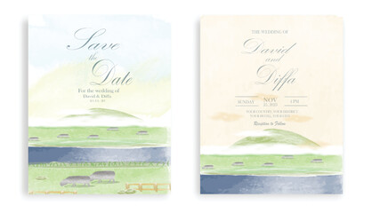 wedding invitation with scenery theme and watercolor elements