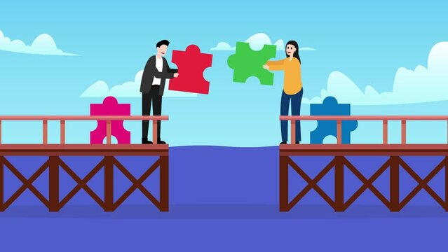 Young couple connects puzzle piece on bridge gap