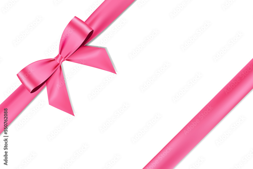 Poster pink bow realistic shiny satin and ribbon place on left corner vector eps10 isolated on white backgr