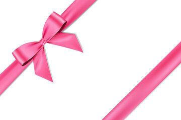 Pink bow realistic shiny satin and ribbon place on left corner vector EPS10 isolated on white background - obrazy, fototapety, plakaty