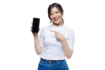 Attractive Young Asian woman pointing finger to mobile smartphone with transparent background. PNG...