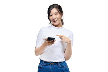Attractive Young Asian woman pointing finger to mobile smartphone with transparent background. PNG...