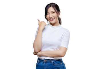 Happy young Asian woman feeling happiness and gesture thumb up with transparent background. PNG file format.