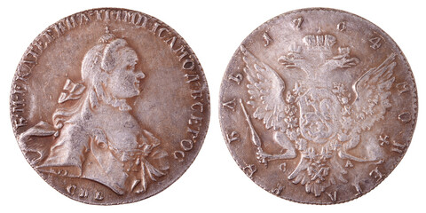 Russian silver coin with a value of 1 ruble in 1704. Two sides of the coin on a white background....