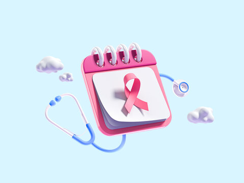 Breast cancer awareness concept. Top view Icon of pink ribbon calendar and stethoscope on bicolor pastel blue and white background. 3d render