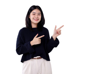 Happy young Asian woman feeling happiness and gesture pointing finger with transparent background....