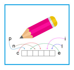 Puzzle game for children. Cartoon pencil vector. Read the word. Vector illustration for kids education. Flat design
