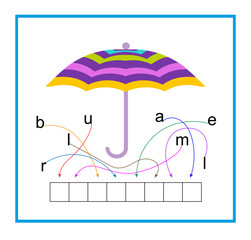Puzzle game for children. Cartoon umbrella vector. Read the word. Vector illustration for kids education. Flat design