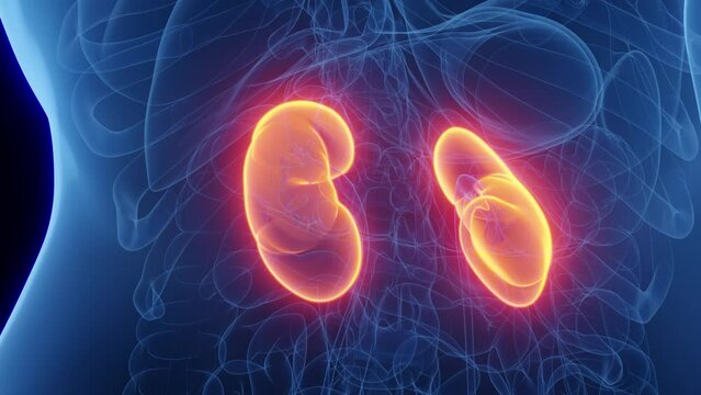 3d rendered medical animation of the kidneys of a healthy woman