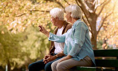 Park love, communication and senior couple in nature to relax, retirement peace and outdoor...