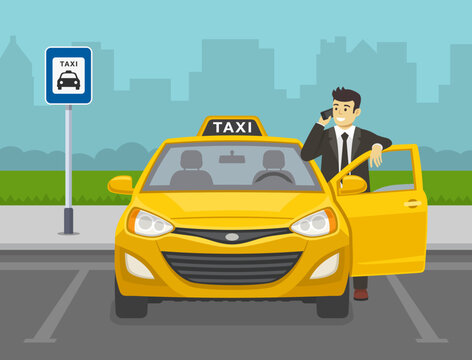Young male taxi driver leaning on the car door and talking on the phone. Dedicated taxi parking lot with traffic sign. Flat vector illustration template.