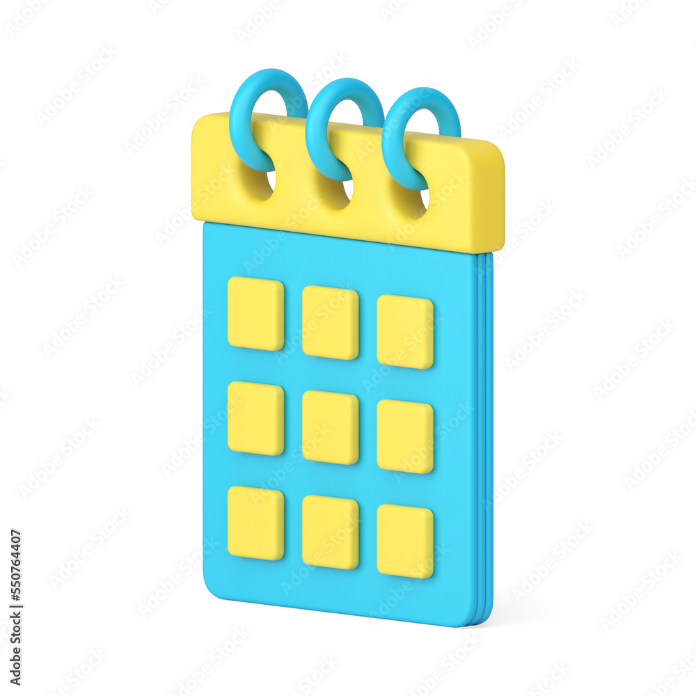 Poster desktop organizer 3d icon. yellow and blue calendar page with cells for dates and notes