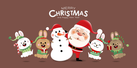 Merry Christmas and happy new year 2023 greeting card with rabbit and bunny in elf costumes. Holiday cartoon character. -Vector