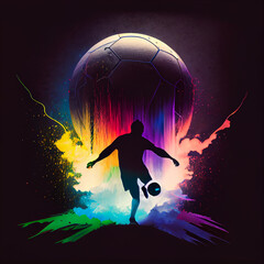 Naklejka premium Football and Soccer celebration of the World Cup, flaming balls and lighting, with rainbow colors