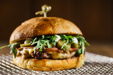 creative burger on the wooden background